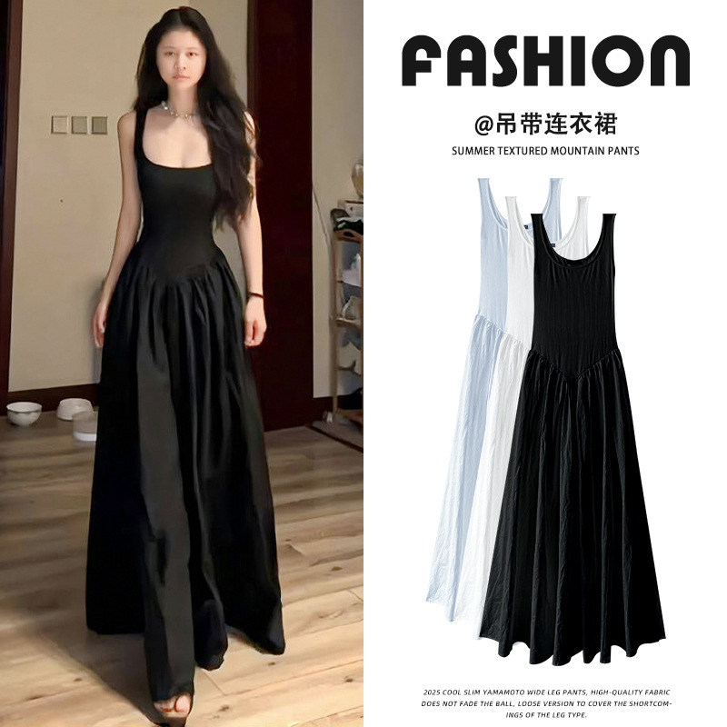 黑色吊带连衣裙女2025夏季新款收腰显瘦蓬蓬裙赫本风法式a字长裙