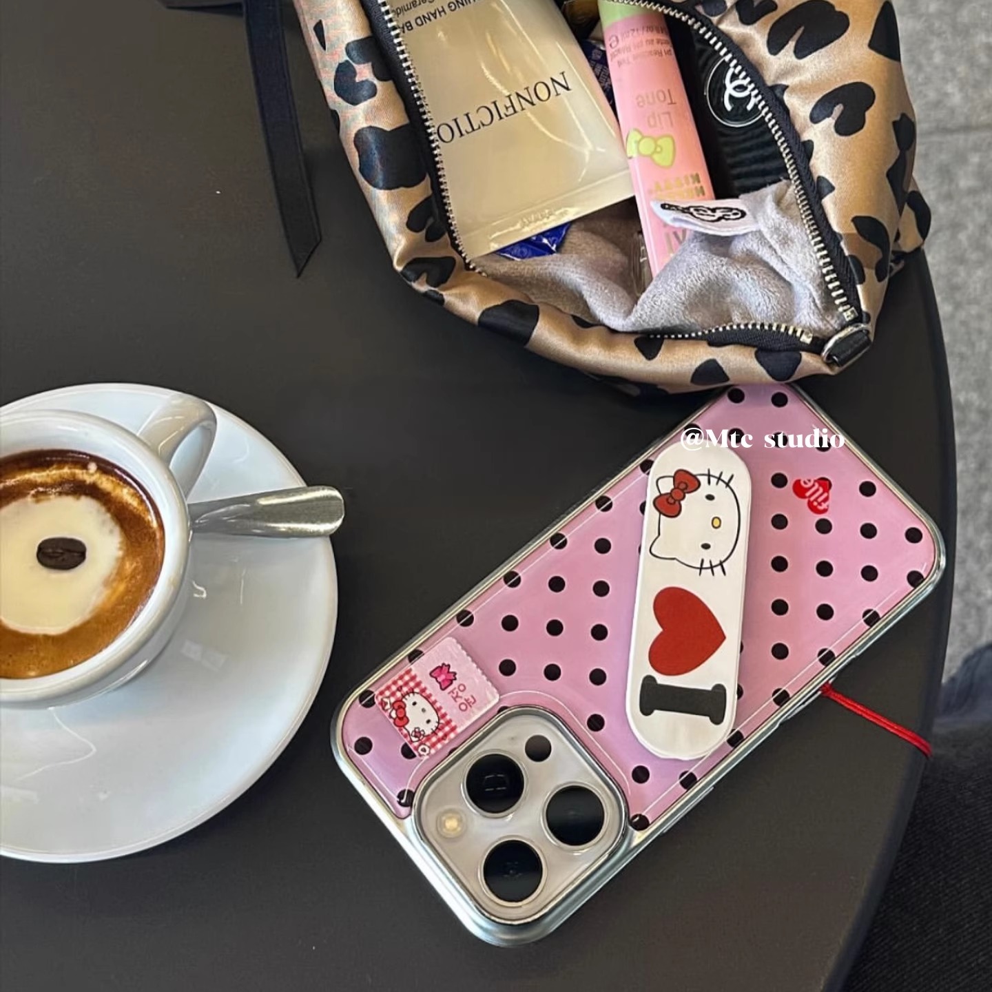 韩系甜美粉波点Kitty支架手机壳
