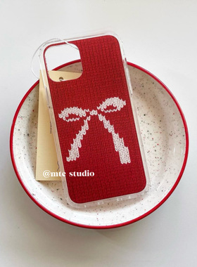 韩国ins小众设计秋冬毛线针织蝴蝶结喜庆新年红色适用iPhone15promax苹果14pro/13/12/11手机壳保护套
