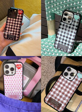韩系ins风黑白格纹爱心复古博主同款时尚个性简约适用iphone15promax/14pro苹果16/13/12手机壳保护套防摔