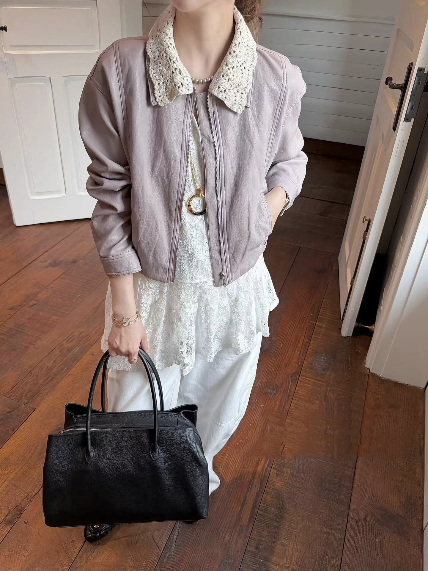 2026春季新款气质花边领软皮蛋白皮时尚短款女外套夹克休闲春装