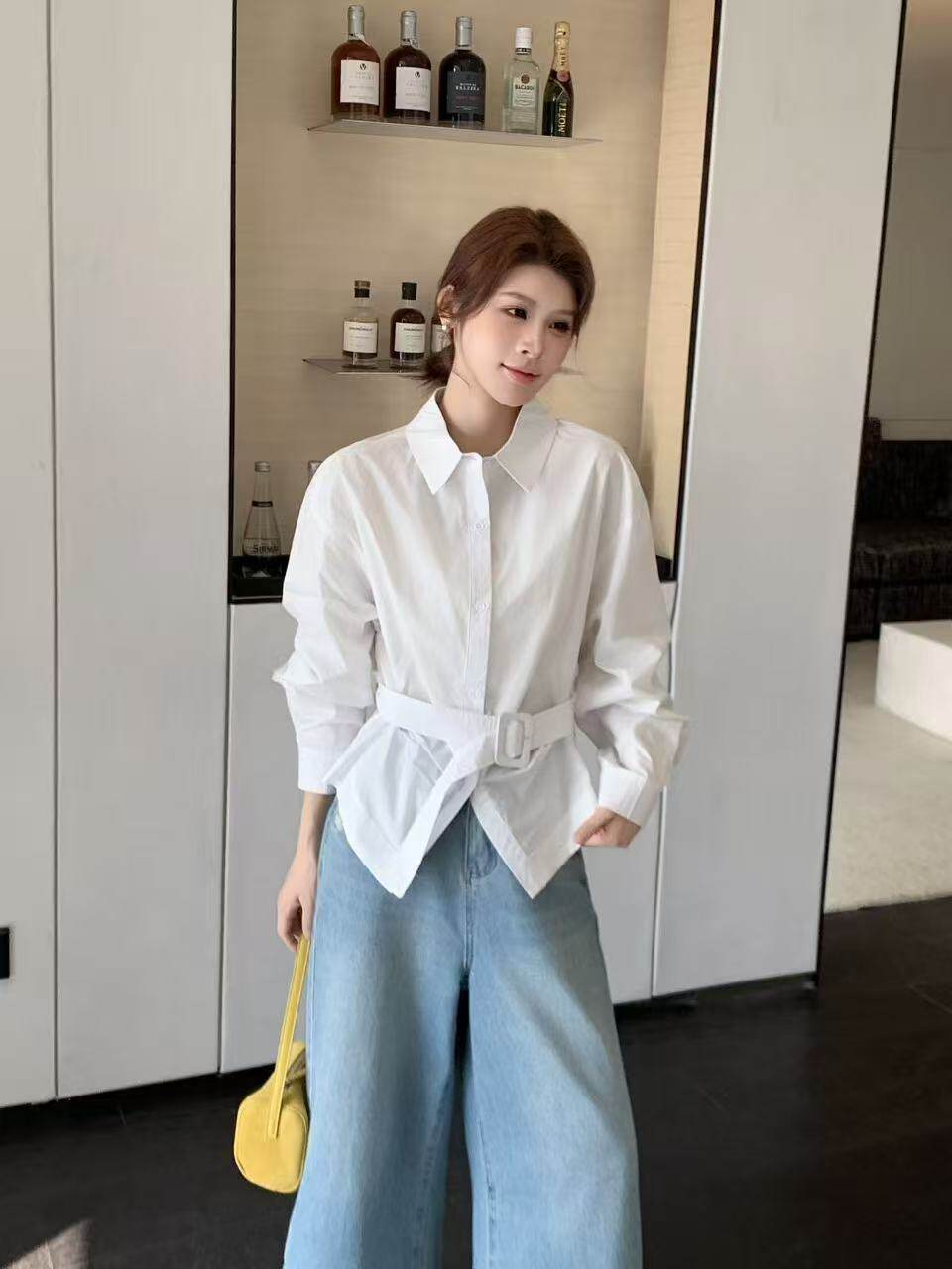 2026春款打底开衫时尚百搭显瘦休闲浅色腰带衬衫收腰春上新衬衣