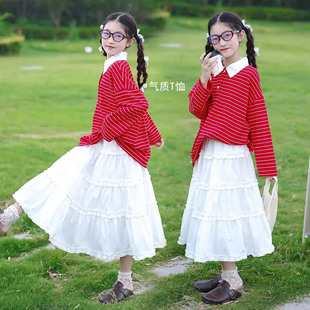 2026春季新款女童翻领长袖条纹红色宽松T恤中大童3-8-15岁中长款