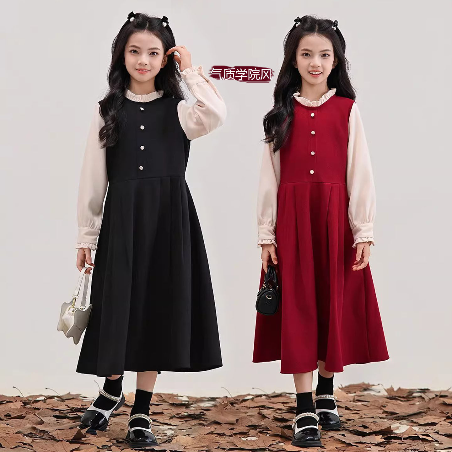 2026秋冬新款红色假两件学院气质长袖女童连衣裙拼接百褶长裙子,童装/婴儿装/亲子装,连衣裙,淘宝优惠券,粉丝福利购,淘宝优惠卷