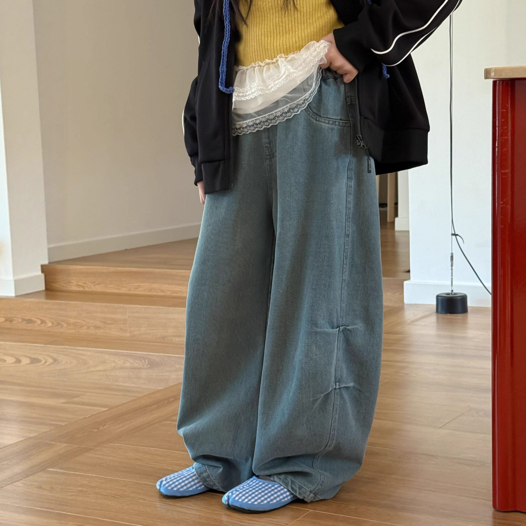 2026夏季新款超长美式复古做旧弯刀裤牛仔裤 女童休闲宽松长裤子