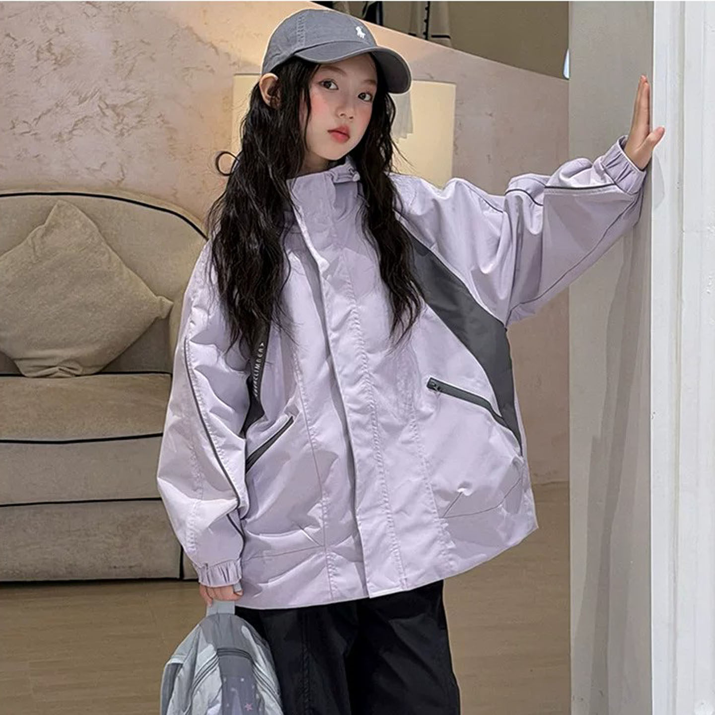 灰白拼色女童冲锋衣户外防风秋