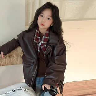 2026春新款 Vintage美拉德色翻领大口袋儿童柔软小众咖色皮衣外套