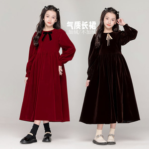 春季女童柔软气质长裙百褶高腰气质长袖文艺范丝绒宽松大摆连衣裙