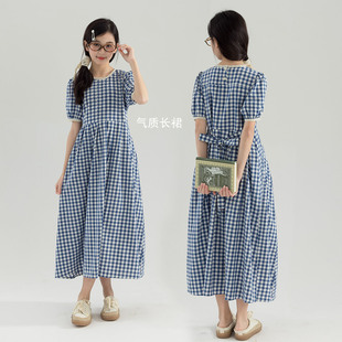 女童韩版连衣裙春季中大童长袖花边拼格子小清新洋气亲子百褶长裙