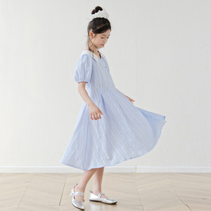 女童蓝色格子连衣裙2026夏装女孩V领千鸟格纯棉小清新收腰长裙子