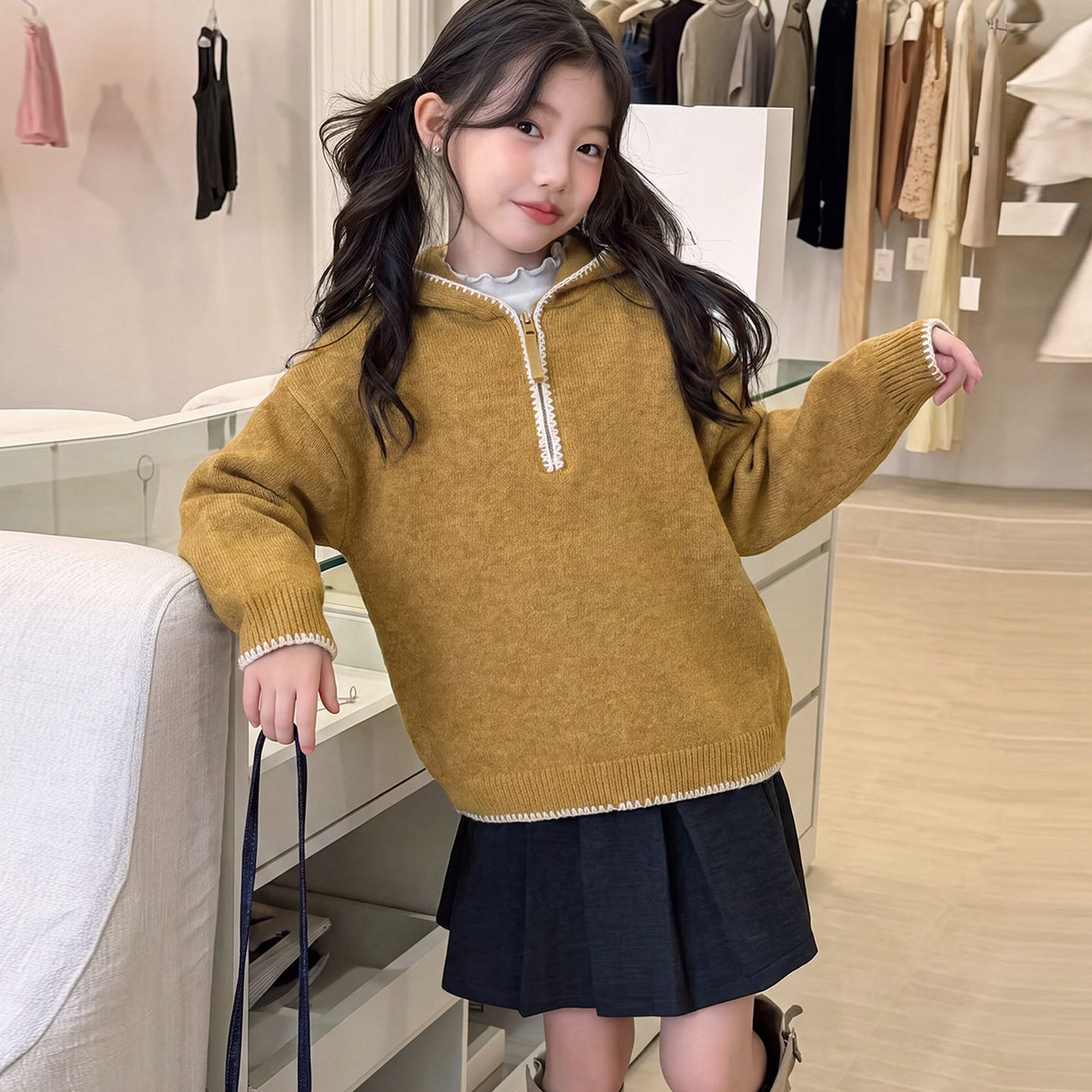 女童连帽毛衣2026新款秋冬季时尚洋气针织毛衣青少年韩系穿搭卫衣