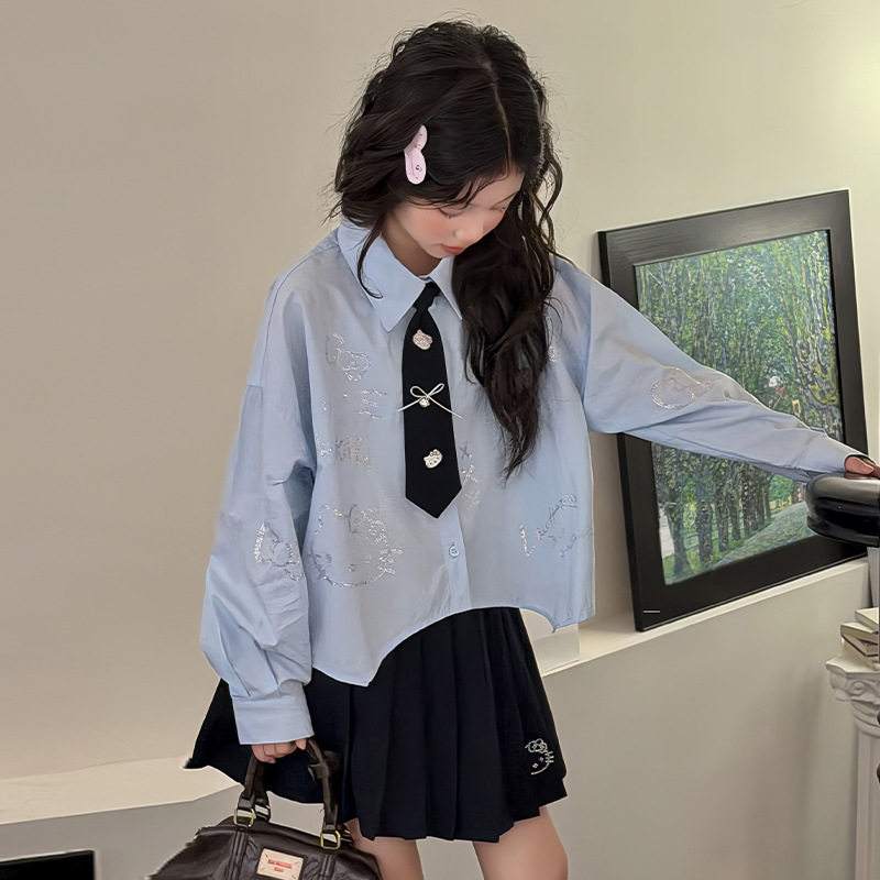 2026女童春秋学院风猫咪烫金衬衫套装女孩时尚洋气长袖上衣百褶裙