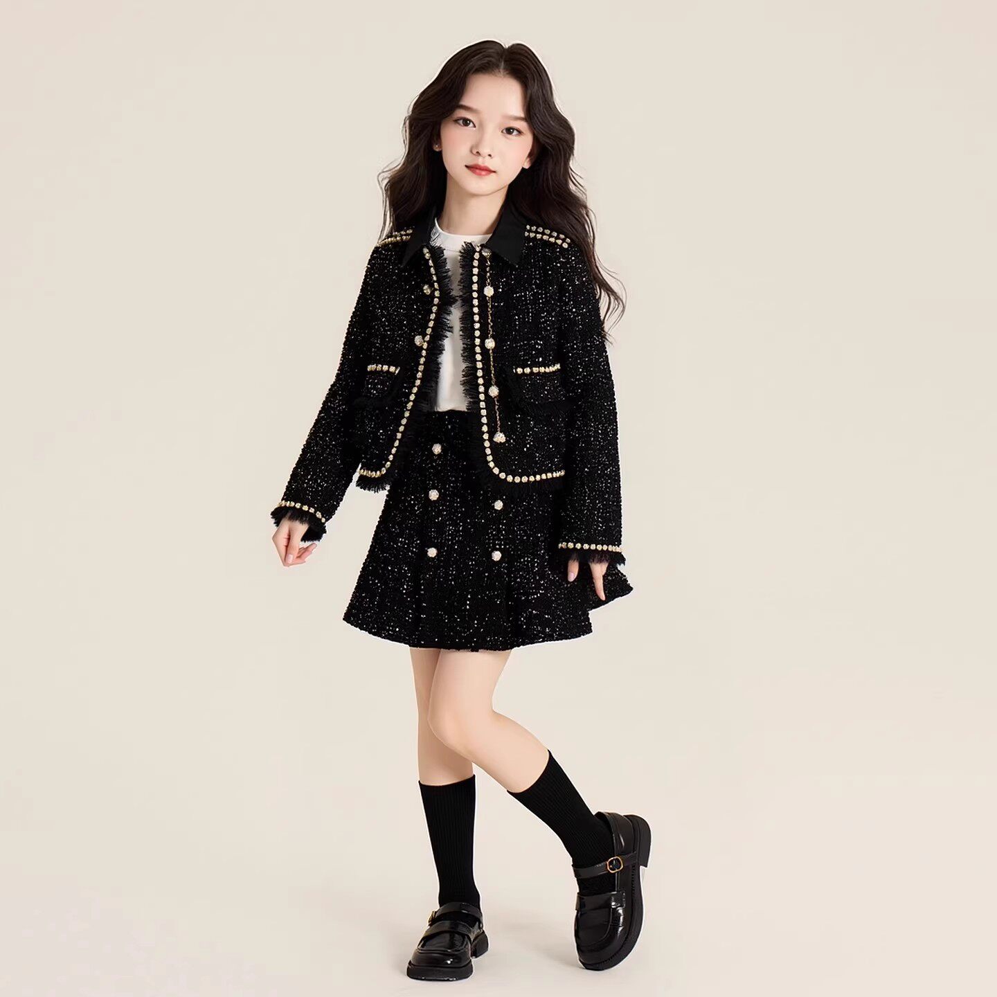 2026春季新款大女童翻领小香风气质夹棉外套+亮片半身裙两件套装