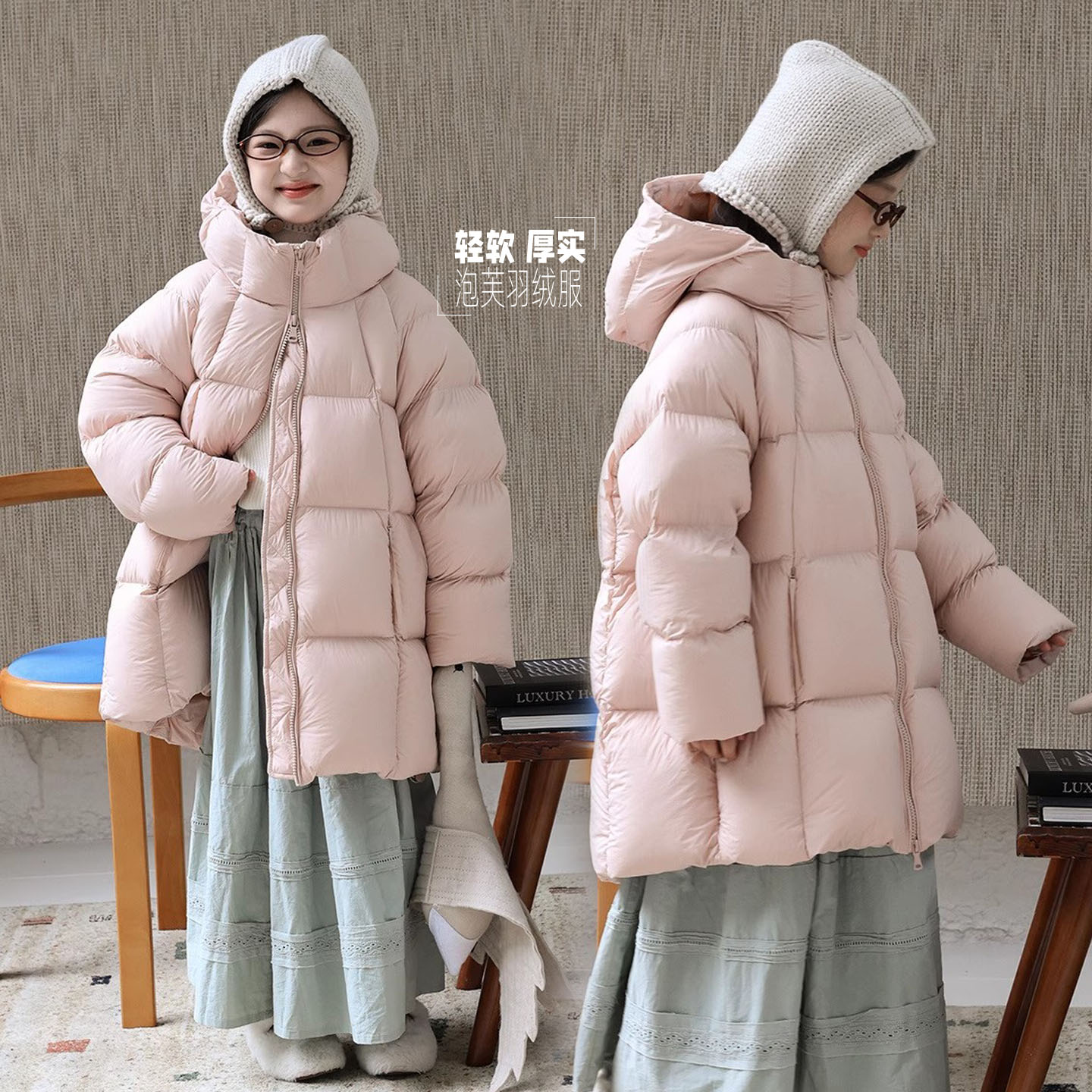 女童连帽厚实防污中长款羽绒服冬