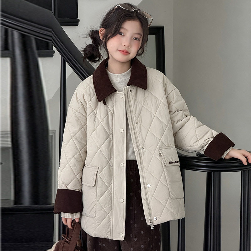 女童韩系宽松简约棉服外套2026冬装新款小女孩时尚翻领保暖棉衣潮