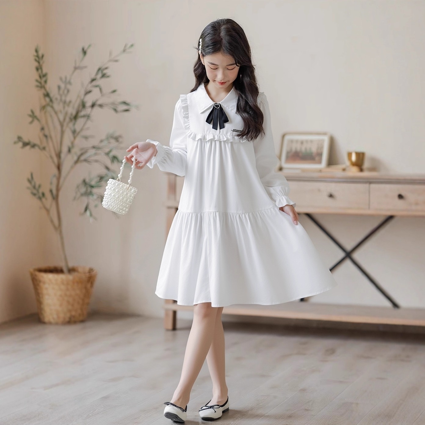 女童气质学院风白色连衣裙秋季