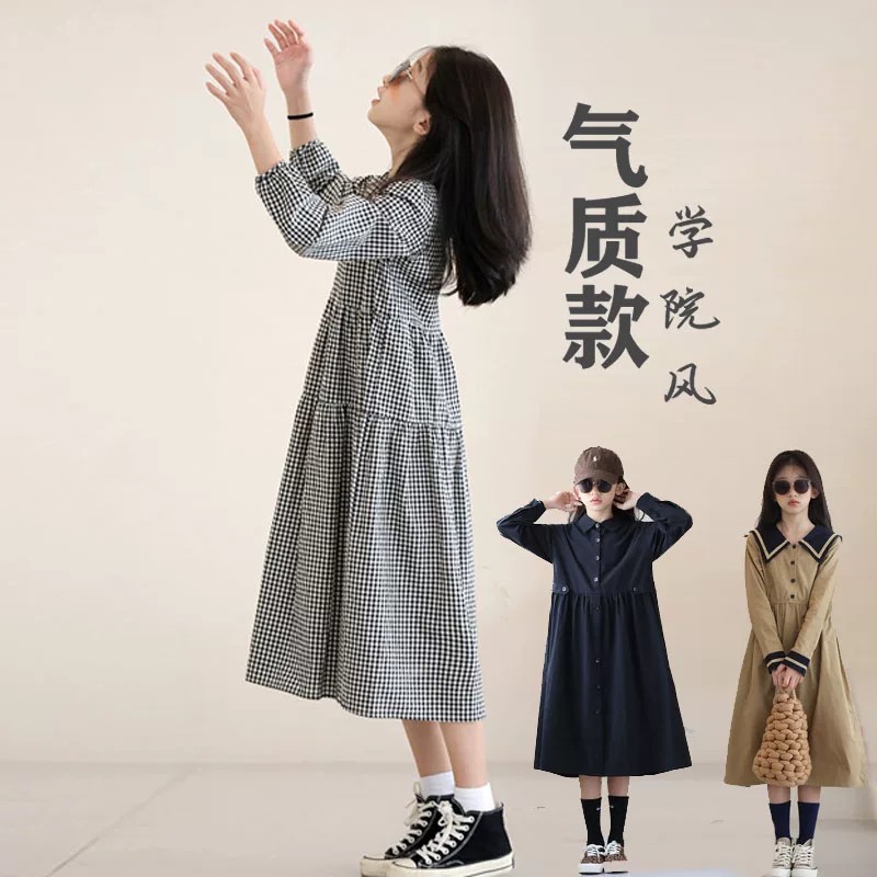 2026秋季新款女童连衣裙洋气黑色格子文艺风气质纯棉灯笼袖长裙子