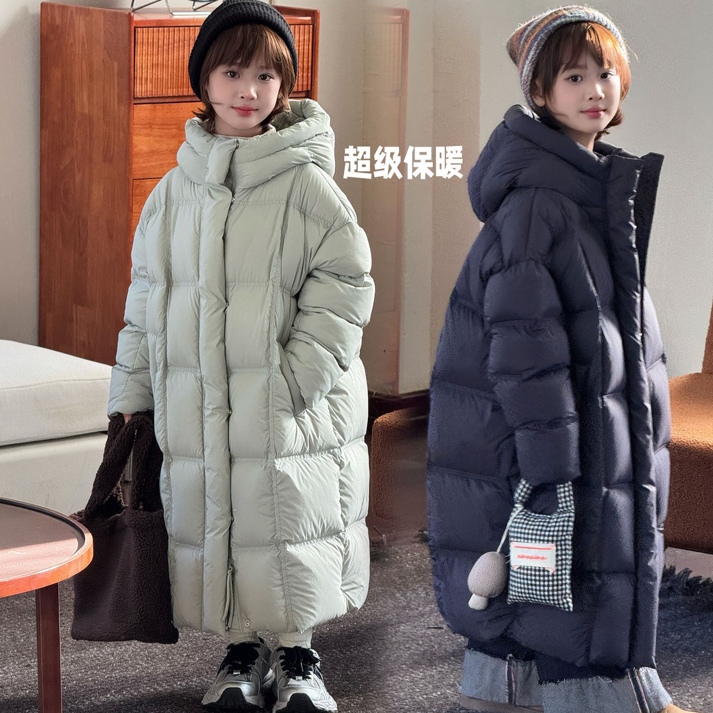 快看这款儿童连帽长款厚实羽绒服