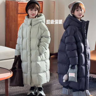 儿童长款羽绒服2025冬季新款女童高领龟背款连帽加厚白鸭绒外套