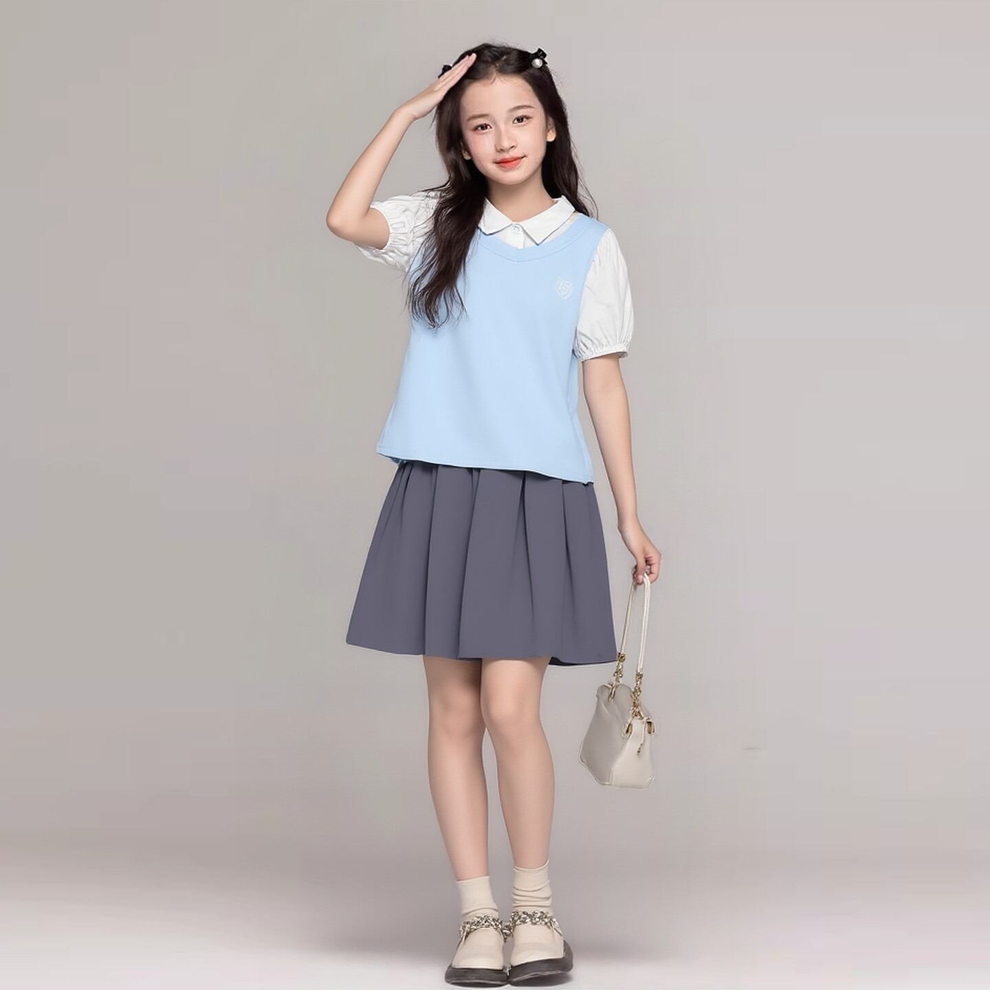 2026夏季女童JK套装学院风假两件泡泡袖衬衫+百褶半身裙两件套装