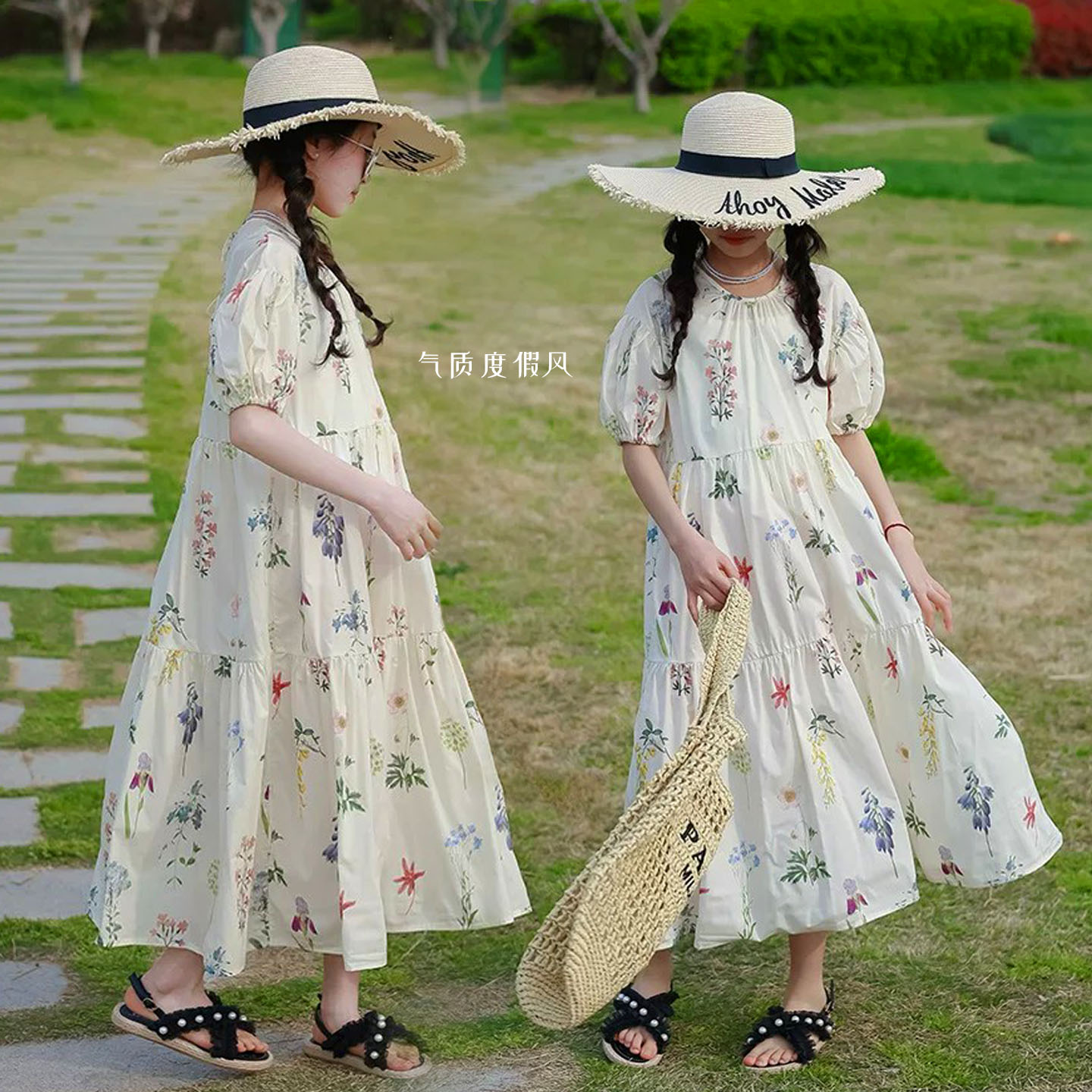 夏季新款女童圆领泡泡袖杏色碎花高腰宽松背后系带纯棉度假连衣裙