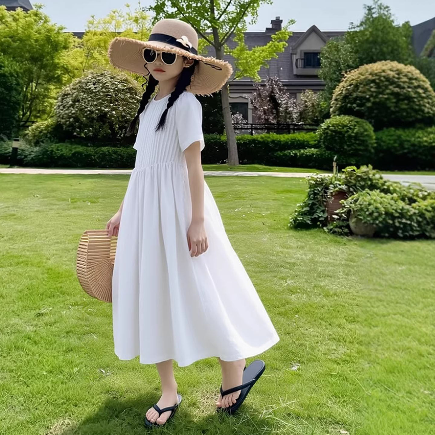 夏季公主裙气质度假风长裙度假海边拍照出片白色高腰女童连衣裙