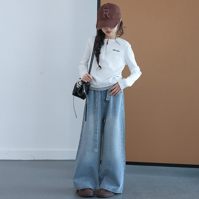 T1289女童t恤韩版春季2026新款中大童长袖上衣时尚百搭白色打底衫