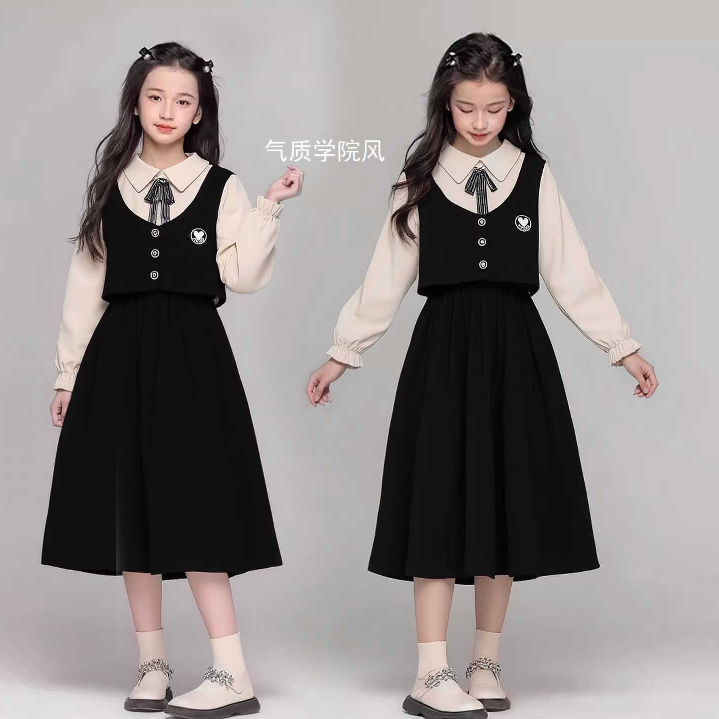 春季女童气质长裙翻领高腰气质长袖文艺范假两件宽松大摆连衣裙