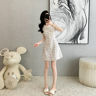 法式小香风短袖连衣裙女夏季新款气质修身显瘦减龄a字裙子小个子