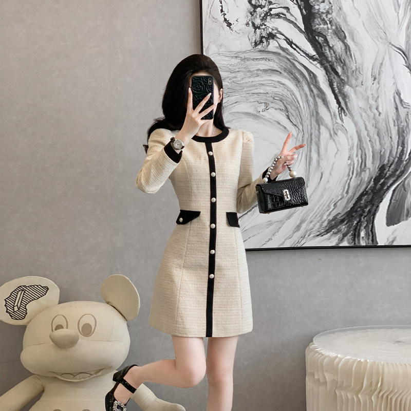 收腰毛呢收腰撞色法式a字裙