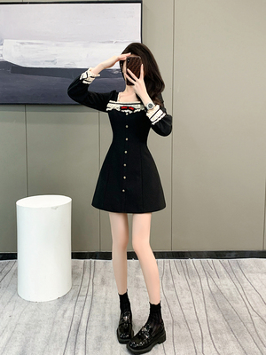 赫本风a字裙聚酯纤维纯色花边