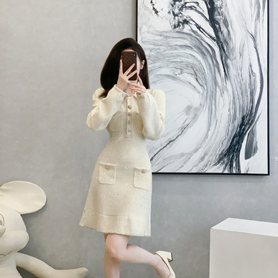 重工荷叶边裙针织纯色亮片