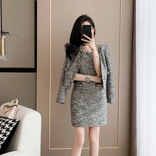 法式名媛小香风气质减龄连衣裙女春秋季新款收腰显瘦小个子套装裙