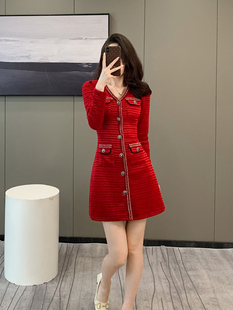 复古小香风红色针织连衣裙女小个子高级感秋冬气质名媛长袖礼服裙