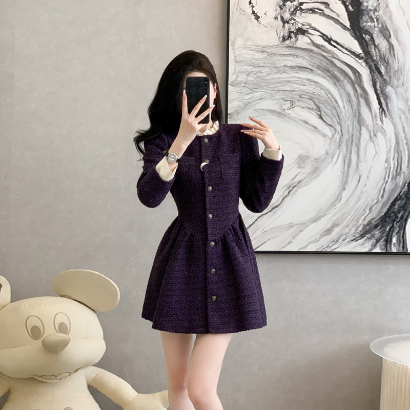 小香风a字裙粗花呢纯色假两件