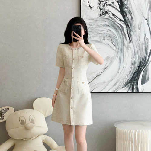 小香风亚麻短袖连衣裙女夏季新款