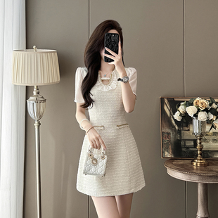 小香风白色日常通勤重工连衣裙女夏季娃娃领收腰显瘦千金风短裙