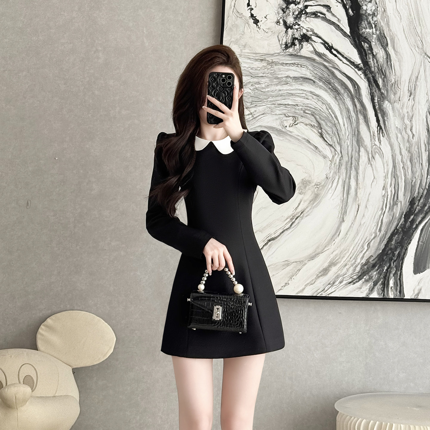 小香风黑色连衣裙女早春装翻领长袖收腰修身显瘦A字裙气质小黑裙