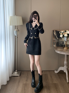 高端精致黑色小香风连衣裙子女秋冬新款法式高级感气质粗花呢裙子