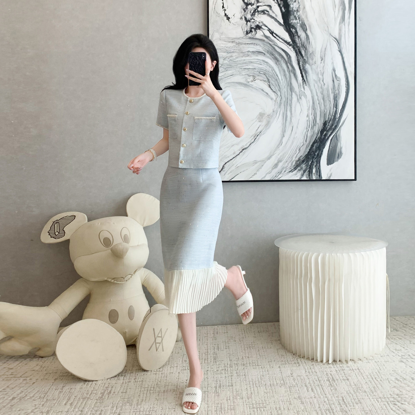 2026夏季新款法式名媛小香风通勤小外套+压褶直筒半身裙两件套女