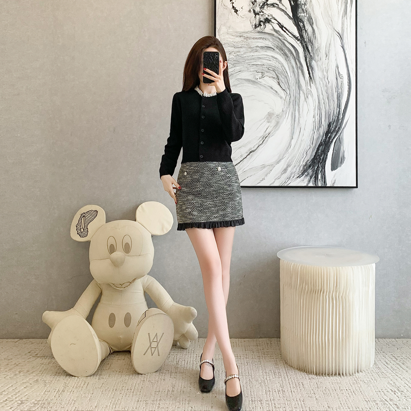 小香风套装女秋冬季黑色针织开衫A字包臀半身短裙两件套减龄气质