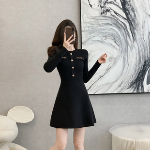 显瘦内搭打底裙子 高级感复古气质修身 黑色针织连衣裙女秋冬季 新款