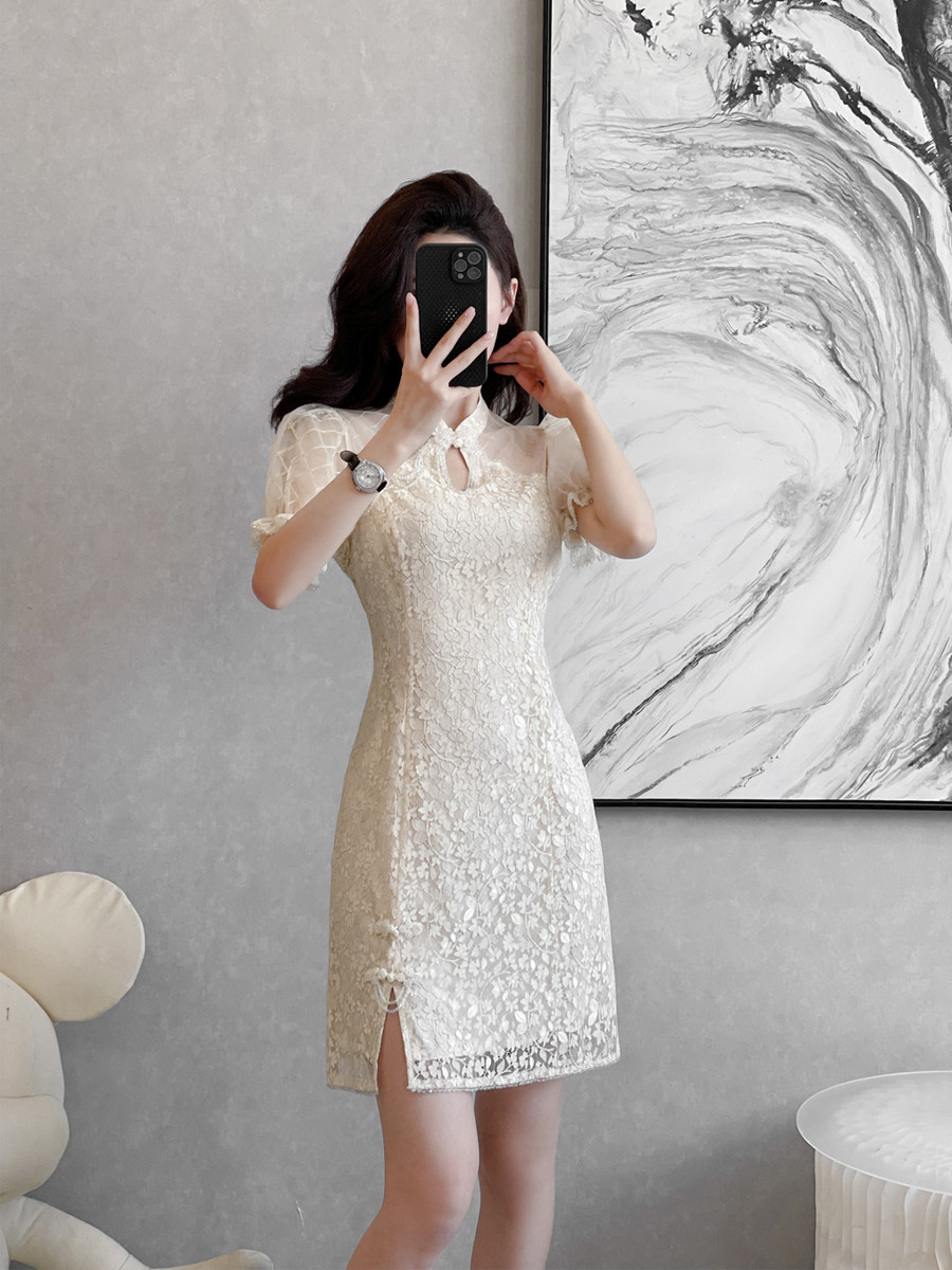 新中式改良旗袍连衣裙女夏2026新款国风网纱泡泡袖修身开叉a字裙