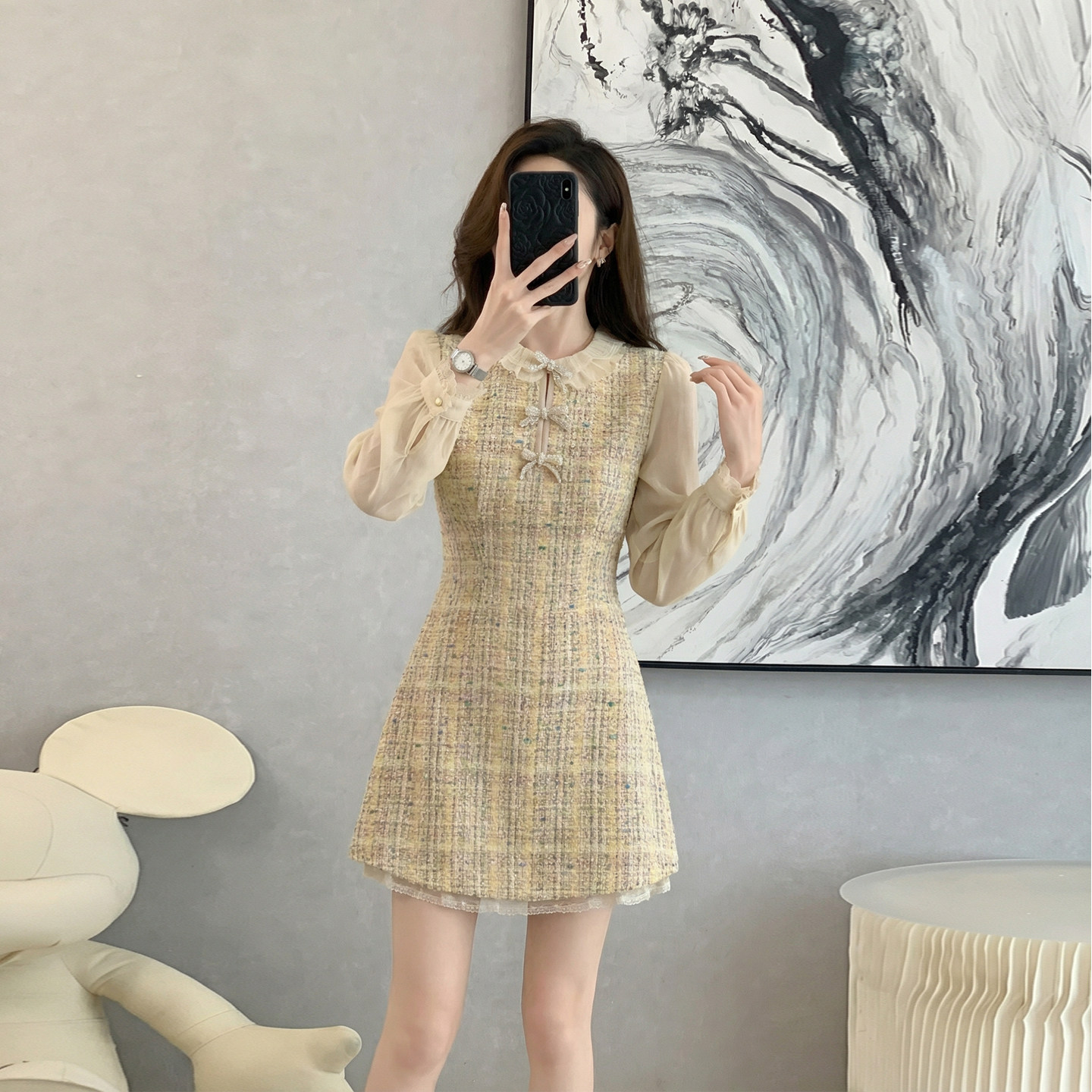 小香风千金风连衣裙女春装新款长袖粗花呢假两件A字裙显瘦气质,女装/女士精品,连衣裙,淘宝优惠券,粉丝福利购,淘宝优惠卷