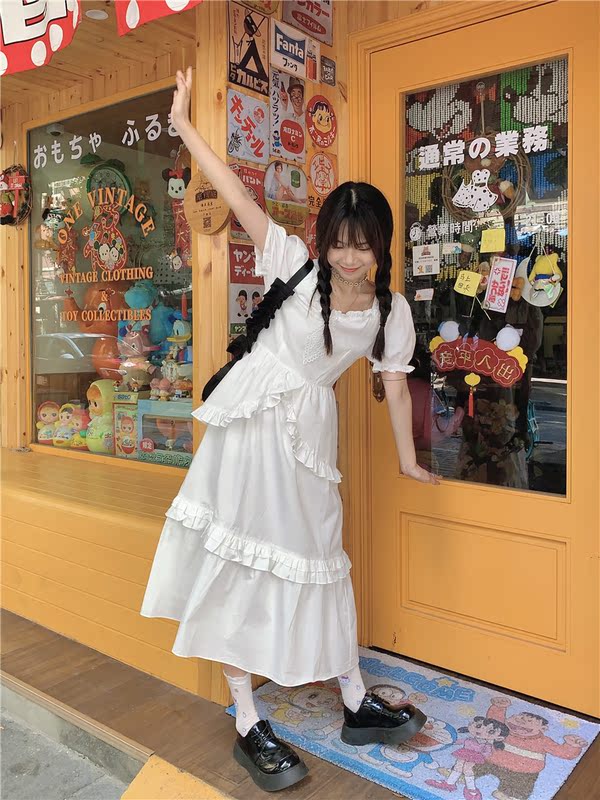 Real price girl sweet heavy industry design feeling white long princess skirt cake skirt dress with ruffle