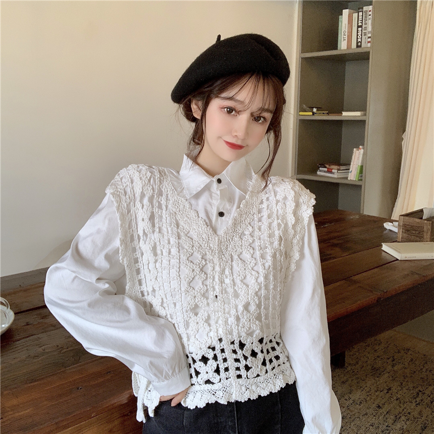 Real shot of sweet girl with lotus collar, loose and versatile long sleeve shirt + side tie knitted vest vest vest