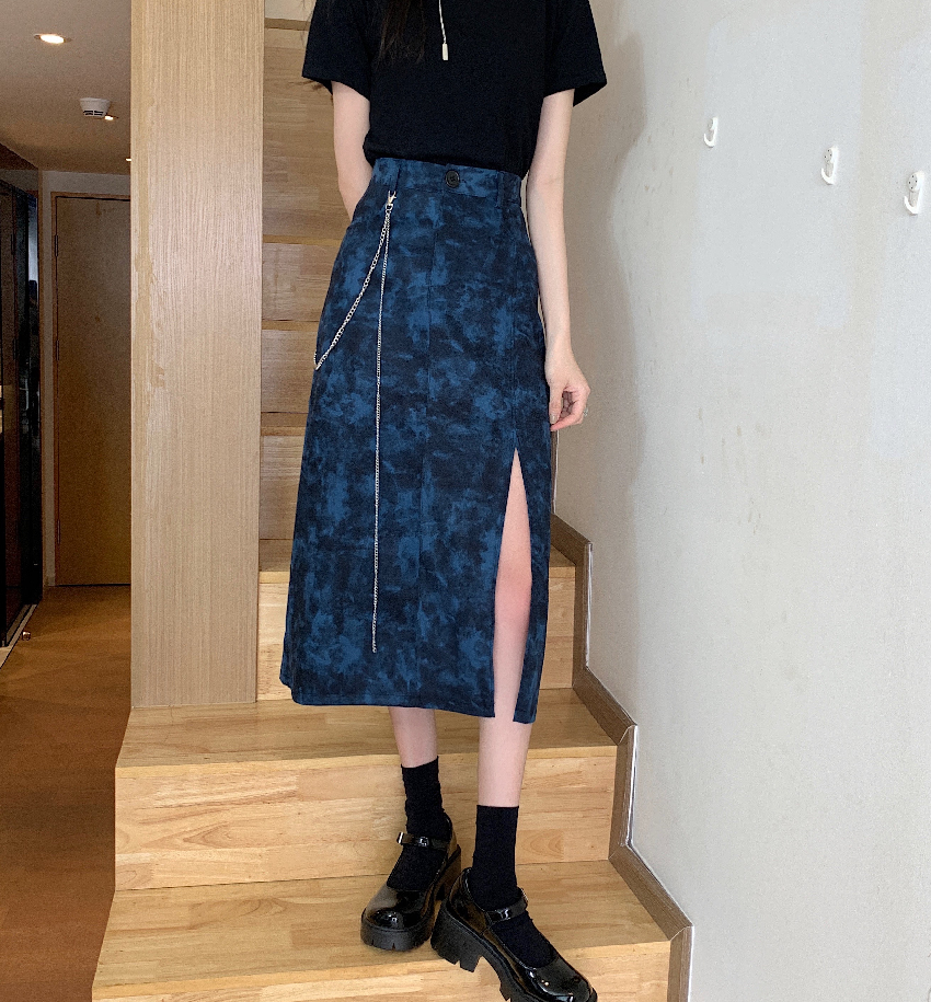 Real Price vintage high waist slim irregular tie dyed split skirt long skirt with hip skirt and chain