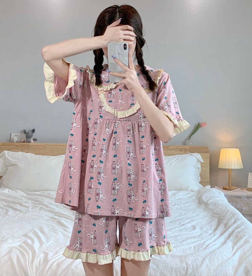 Real auction real price pure desire baby collar Ruffle loose rabbit print short sleeve shorts housewear pajamas