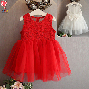 女童超仙公主裙白色生日裙儿童夏女孩连衣裙儿童蓬蓬纱裙红色礼服
