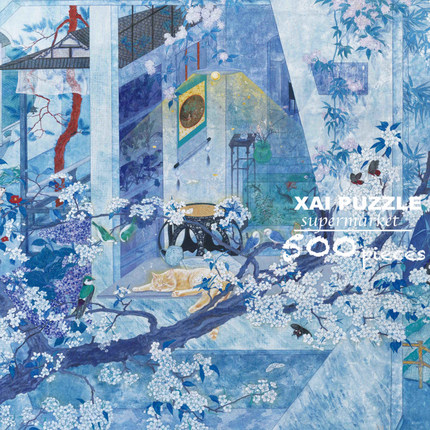 中式庭院·《春雨梨花图》原创手绘拼图500片拼图丝绒触感53x38cm